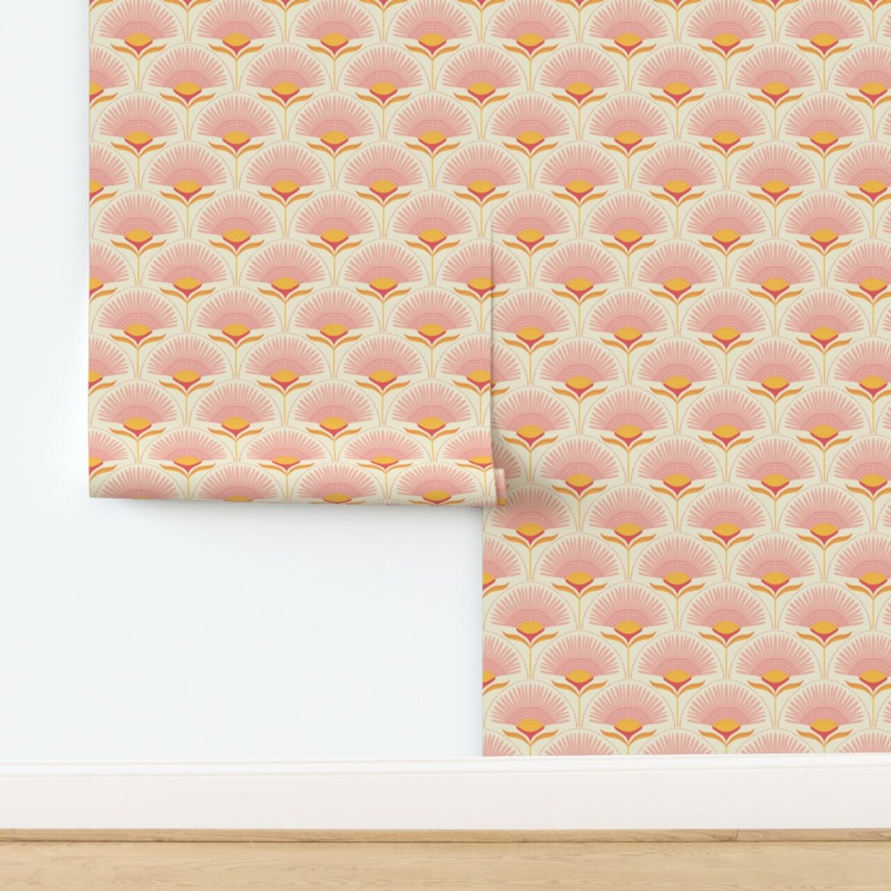 Floral Exotic Tropical Palm Botanical Geometric Pink Scallop Fish Scale Maximalism Midcentury Modern Small Flower Dots Hand Drawn Custom Removable Wallpaper by Spoonflower Peel & Stick Wallpaper 2FT Wide